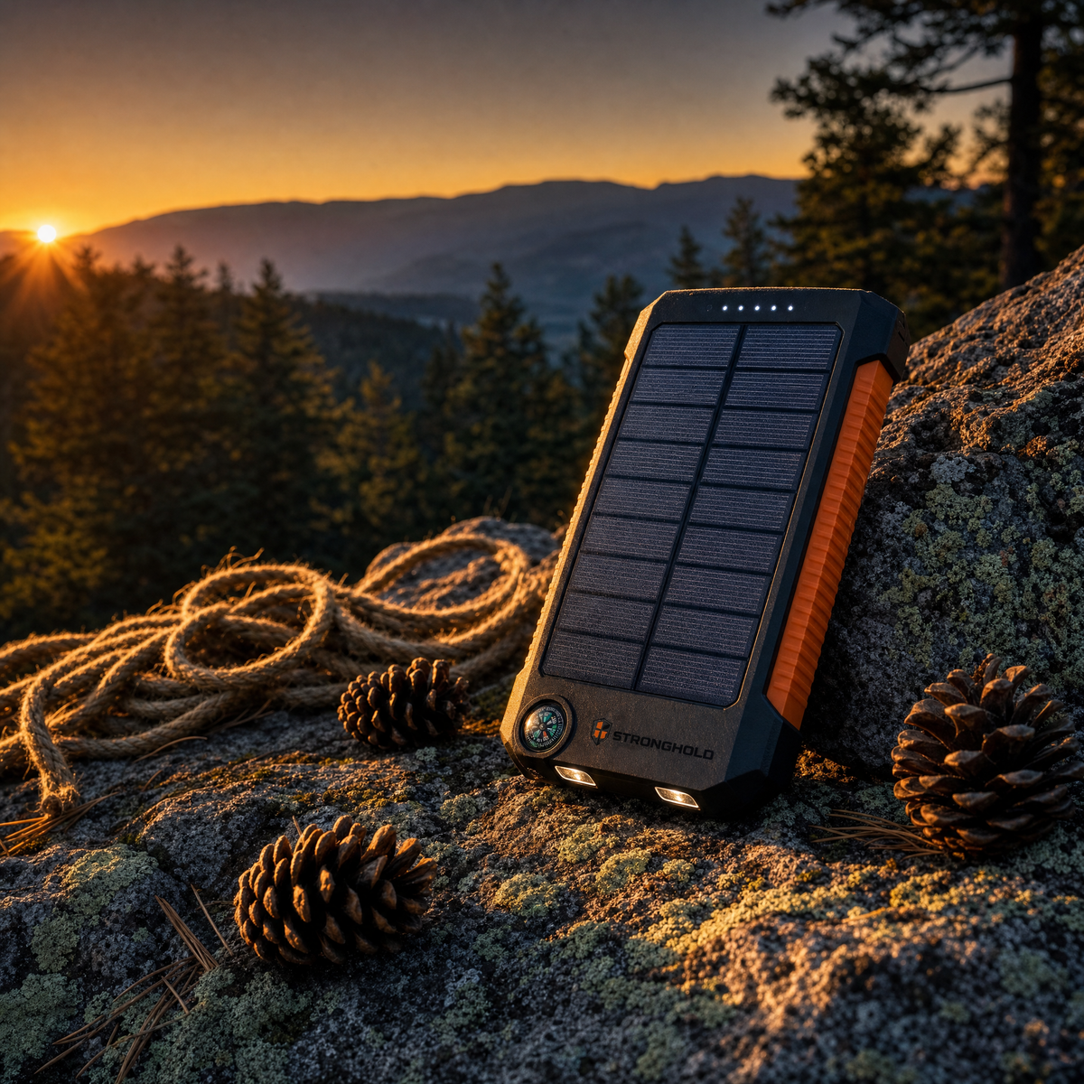 Field Charger FC-1 solar power bank on a granite outcrop at sunset - Stronghold Outfitters