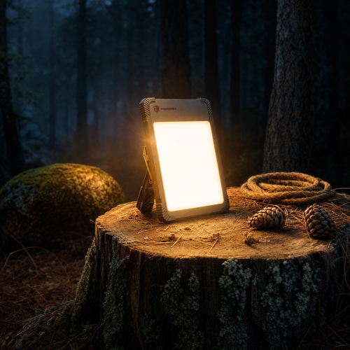 Basecamp BL-1 LED light panel glowing on a tree stump at nightfall - Stronghold Outfitters