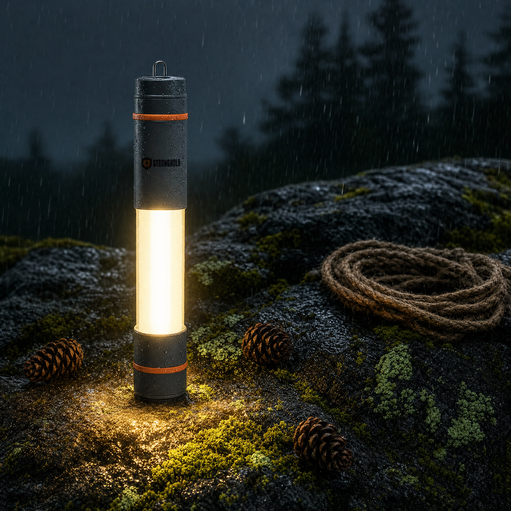 Stormbeam SB-1 LED tube light glowing on wet rock in night rain - Stronghold Outfitters