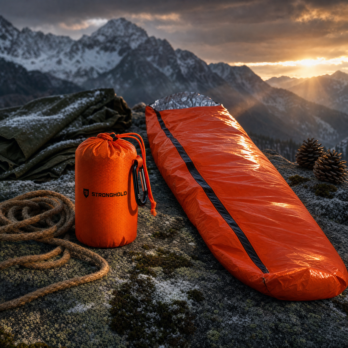 Nightshelter NS-2 emergency bivy on a rock below snow-dusted peaks - Stronghold Outfitters