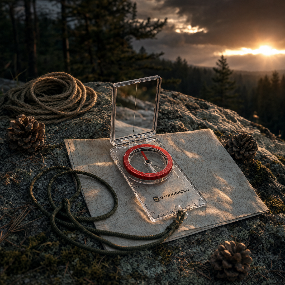 Truenorth TN-1 sighting compass on a folded map at dusk - Stronghold Outfitters