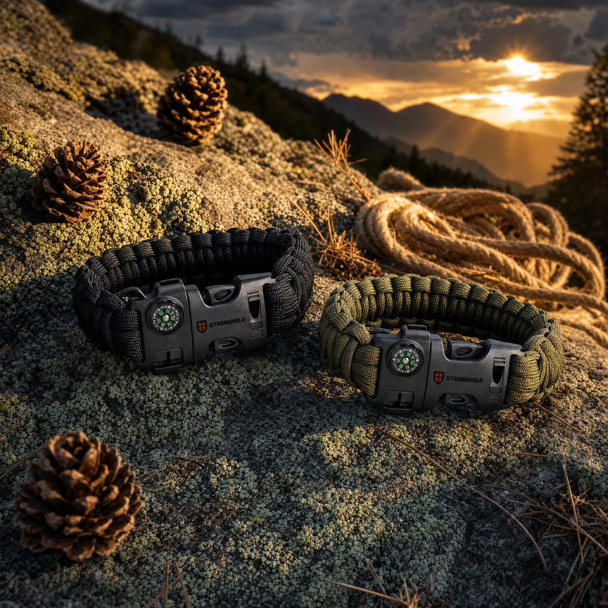 Wristkit WK-1 paracord bracelet two-pack on a lichen boulder at golden hour - Stronghold Outfitters