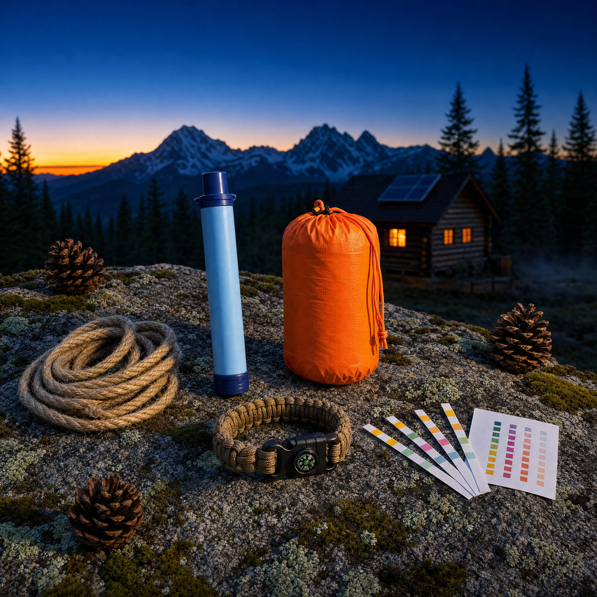 Just In Case Bundle contents laid out at dusk: water filter straw, emergency bivy, paracord bracelet and water test kit