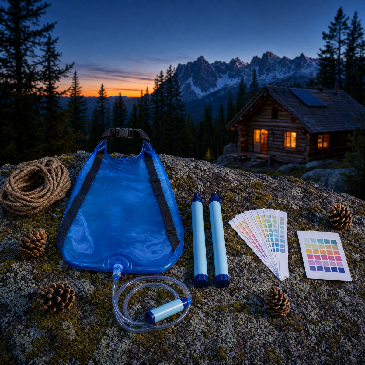 The Water Kit contents: gravity filter bag, two water filter straws and a water test kit