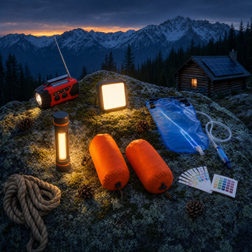 72-Hour Blackout Kit contents: crank radio, LED panel, tube light, gravity filter, two bivies and a water test kit