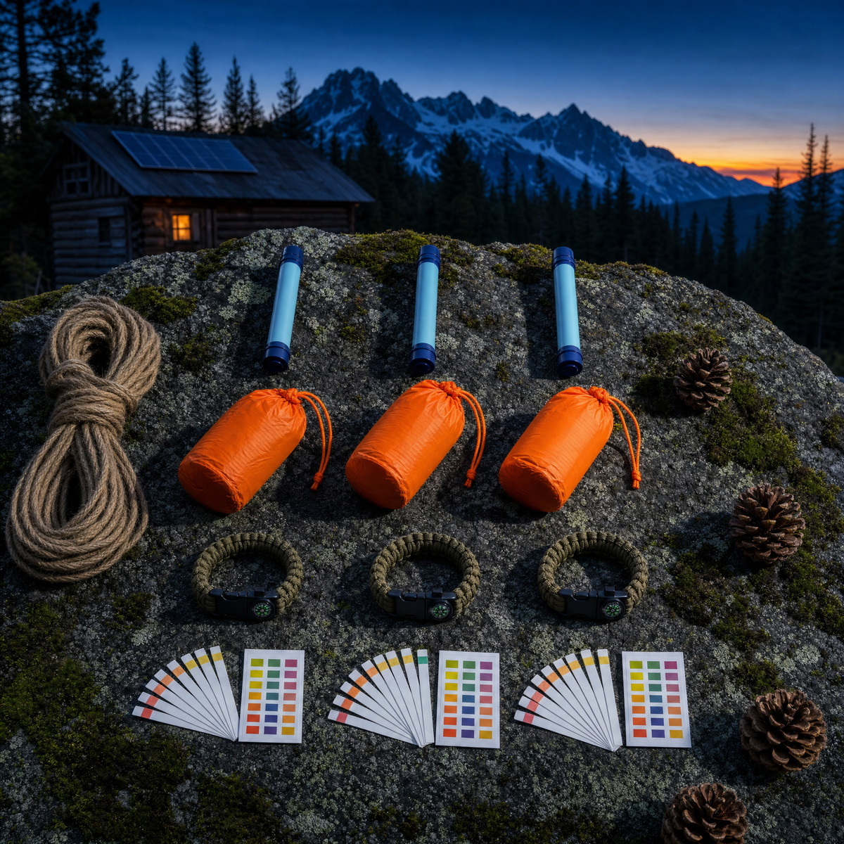 Share Preparedness Kits: three sets of water filter straw, emergency bivy, bracelet and water test kit