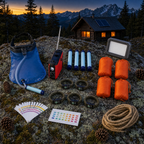 The Family Package contents: gravity filter, four straws, four bivies, four bracelets, crank radio, LED panel and water test kit