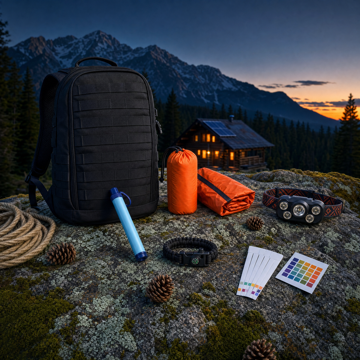 The Go-Bag contents: pack, water filter straw, emergency bivy, headlamp, bracelet and water test kit