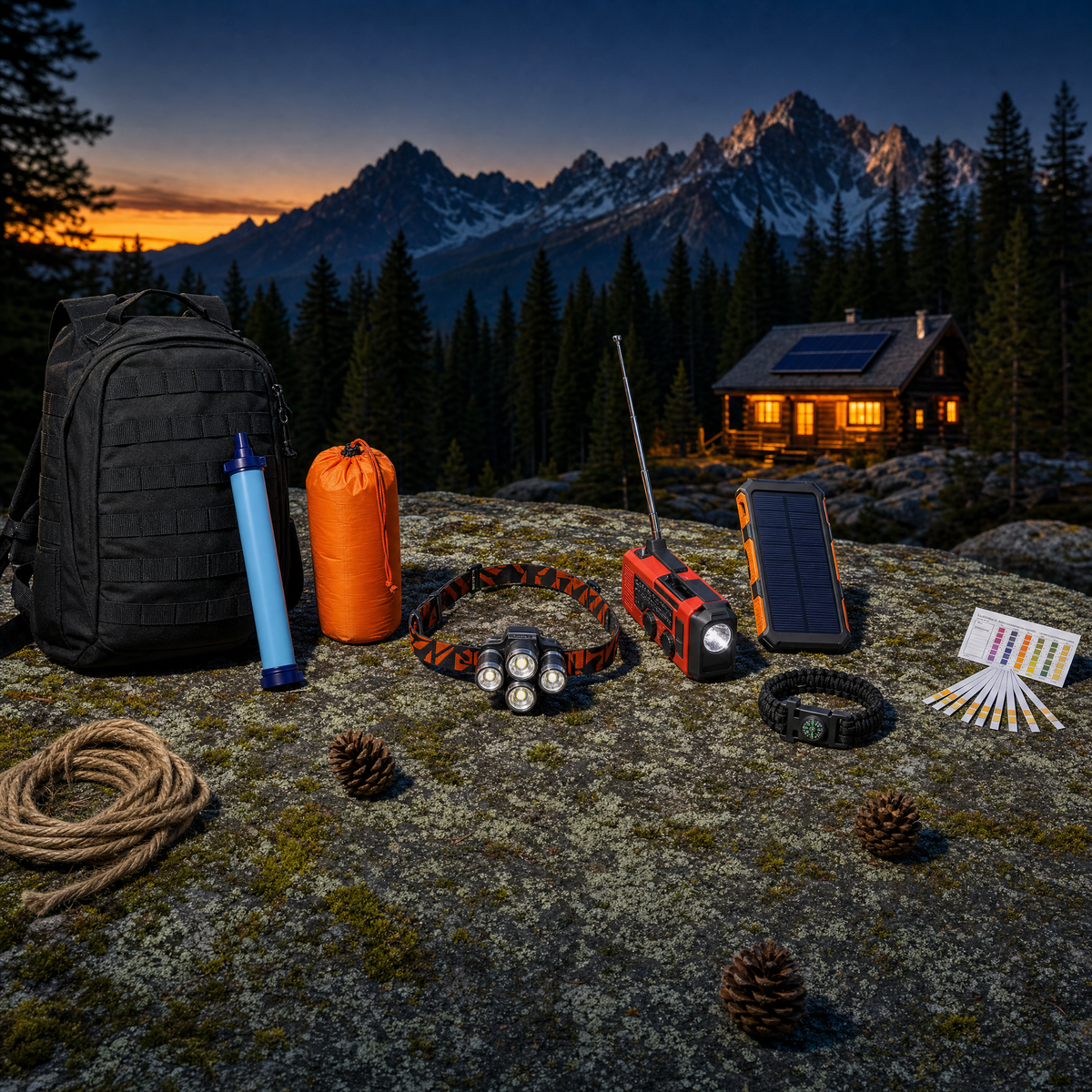 Ultimate Bug Out Bag contents: pack, water filter straw, emergency bivy, headlamp, crank radio, solar power bank, bracelet and water test kit