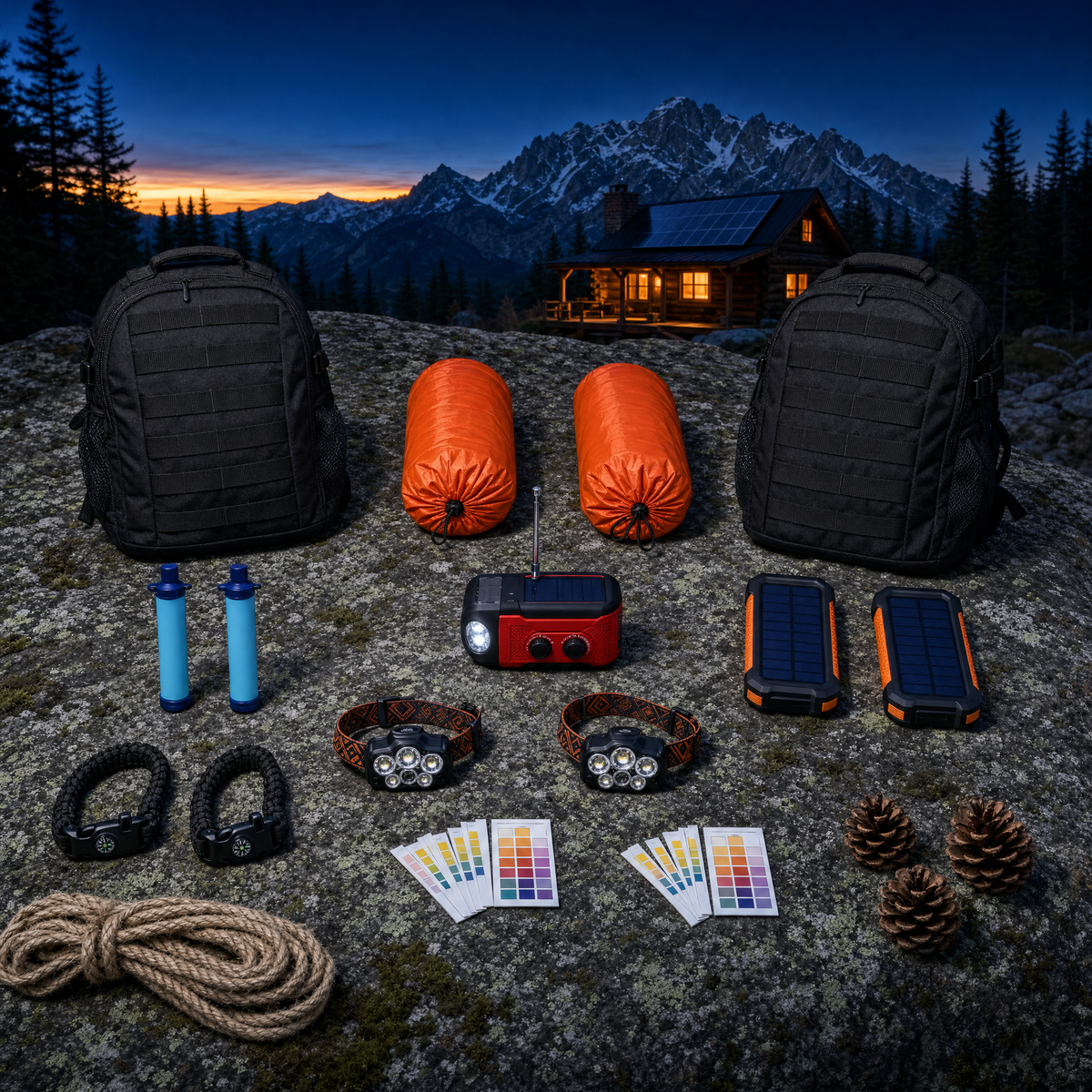 Ultimate Couples Bug Out Bag contents: two packs, two straws, two bivies, two headlamps, two solar power banks, two bracelets, two test kits and one crank radio