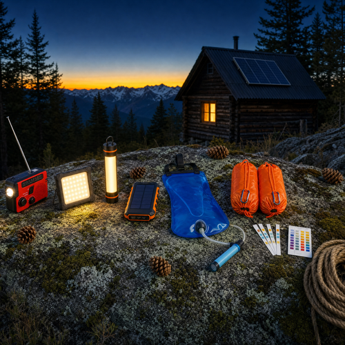 72-Hour Blackout Kit contents: crank radio, LED panel, tube light, solar power bank, gravity filter, two bivies and a water test kit