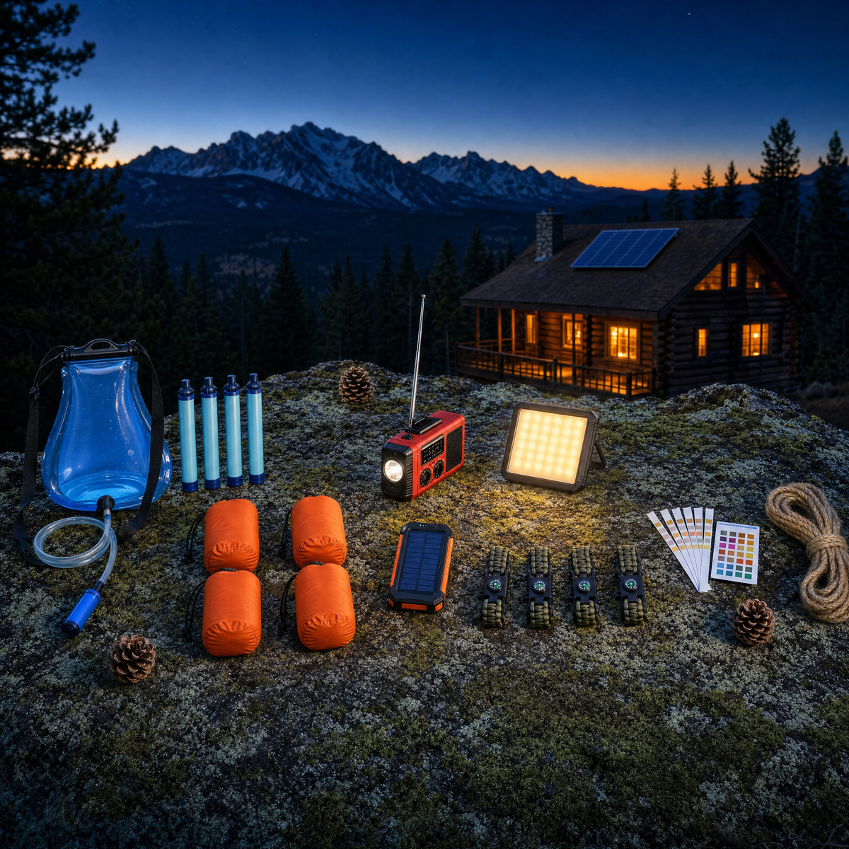 The Family Package contents: gravity filter, four straws, four bivies, four bracelets, crank radio, LED panel, solar power bank and water test kit