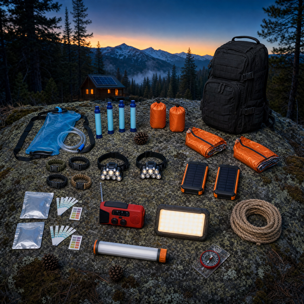 The Stronghold contents: gravity filter, four water filter straws, four emergency bivies, four bracelets, two headlamps, two solar power banks, two water test kits, crank radio, LED panel, tube light, compass and pack